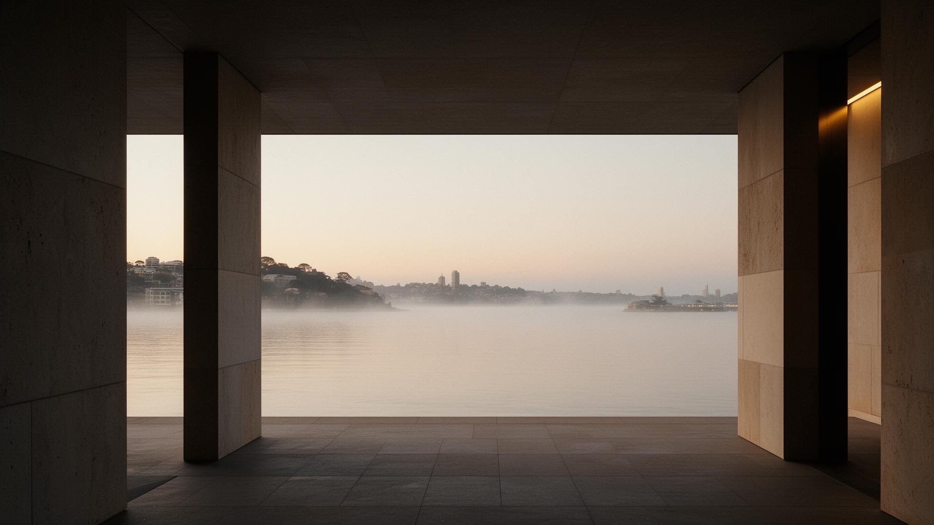Sydney Harbour at dawn, viewed through a stone colonnade